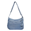 Sac à bandoulière en denim bleu clair avec fermetures éclair multiples et pompon décoratif - Bleu clair