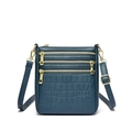 Borsa a tracolla verde petrolio scuro in pelle testurizzata con tre zip dorate - Blu