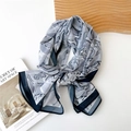 Elegant grey and navy blue abstract floral pattern chiffon scarf with soft drape - 35*145cm / Dark Blue-Gray Abstract Floral (7 Gauze Scarf Pleated Flower)