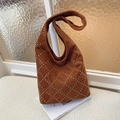 Brown suede shoulder bag with silver rivet diamond pattern on white textured surface - Brown