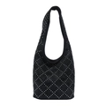 Punk style black bucket bag with silver studs and diamond quilted pattern on shoulder strap - Black