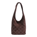 Dark brown suede hobo bag with silver metal rivets in diamond pattern for women - Brown