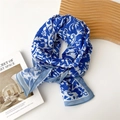 Dark blue lightweight silk scarf with white floral patterns and rolled edge detail - 35*145cm / Blue & White Abstract Texture (3 Scarves Blue Leaves)