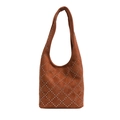 Brown suede shoulder bag featuring silver metal rivets in a classic quilted pattern - Brown