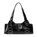 Sac sous le bras rétro noir avec clous argentés et finition brillante vue de face - Noir