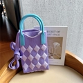 Detail of purple and white checkered knit mini bag with silicone handle and strap - Purple Rhombus