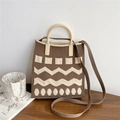 Detail of knitted crossbody bag with beige geometric patterns and round yellow handles - Coffee & Cream Geometric