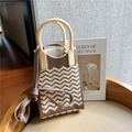 Macro detail of wave patterned knit bag with round handles and long shoulder strap - Coffee & Beige Wave