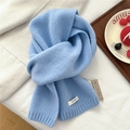 Detail of sky blue 100% wool scarf showing knit texture and wooden mothproof tag - Sky Blue