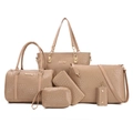 6-piece large tote bag set for women with woven texture in beige faux leather - Khaki
