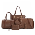 Deep brown PU leather tote bag 6-piece set with embossed texture and gold hardware - Brown