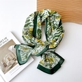 Elegant dark green and cream floral thin long silk scarf in lightweight chiffon fabric - 35*145cm / Dark Green & Off-White Floral Print (Green Leaves & Yellow Buds)