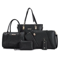 Black 6-piece women handbag set with faux woven texture, including tote and crossbody bags - Black