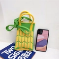 Detailed knit texture of mini crossbody phone bag with yellow ring handles and strap - Green Yellow Wheat Ear