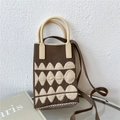 Detailed knit cross-body phone bag with beige geometric patterns and rigid handles - Coffee Rounded