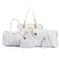 White 6-piece PU leather tote bag set featuring woven texture and gold hardware details - White