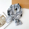 Elegant grey-white chiffon scarf with black leaf print and lightweight fabric - 35*145cm / Gray & White Minimalist Leaf Line Pattern (18 Voile Scarf Simple Floral)