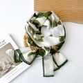 Sheer white silk scarf with green leaf patterns and yellow abstract floral accents - 35*145cm / Gold Chain White Peony (15 Gauze Scarf)