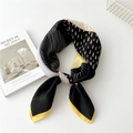 Fashionable square cotton linen scarf with yellow and black geometric polka dot pattern - Rain Line Round Yellow Edge
