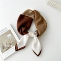 Modern geometric color block square scarf in brown, khaki and white silk-like fabric - Rain Line Round Brown Edge