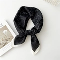 Elegant black cotton linen neck scarf with white floral outline patterns and border - Line Art Flower Black