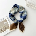 Square silk scarf with blue floral bird print and brown contrast edges for women - Kingfisher Flower Blue
