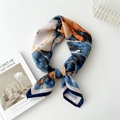 Artistic abstract print scarf in Prussian blue and orange with herringbone texture - Oil Painting Blue White Edge