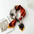 Silk-textured square scarf with orange-red oriental landscape and crane print - Landscape Crane Orange Red