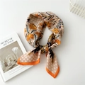 Floral and plaid cotton linen square scarf with bright orange edges in a stylish knot - Grid Bouquet Orange Yellow Edge