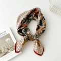 Brown checkered silk scarf with colorful floral print and elegant red-brown stitched edges - Grid Bouquet Dark Red Edge