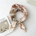 Elegant beige silk-blend square scarf featuring oriental floral bird prints and knotted style - Spring Scenery Pink