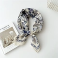 Elegant off-white cotton-linen scarf with blue floral patterns and silk luster - Spring Scenery Blue