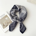 Fashionable black and white houndstooth cotton linen square scarf tied in a knot - Bird Grid Large Flower Black