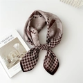 Brown and beige cotton-linen square scarf with houndstooth and feather print - Bird Grid Large Flower Pink