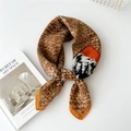 Elegant square scarf with brown geometric patterns and orange mountain ink print detail - Woven Photo Orange