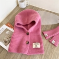 Detailed view of pink knitted hooded scarf and fingerless gloves set on a wooden table - Hooded Scarf and Gloves Set (2 Buttons Solid Color Neck Hood Pink) / Pink