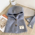 Detail of grey knitted hood scarf set with wooden buttons on a light wood background - Hooded Scarf and Sleeves Set (3 Buttons Solid Color Neck Hood Gray) / Gray