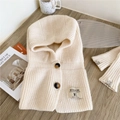Detail of cream knitted balaclava hood with textured ribbing and dark buttons - Hooded Scarf and Sleeves Set (4 Buttons Solid Color Neck Hood Cream White) / Cream