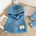 Close-up of blue knitted hood scarf set with thick texture and button details - Hooded Scarf and Sleeves Set (5 Buttons Solid Color Neck Hood Sky Blue) / Sky Blue
