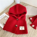 Detail of red knit hood scarf with wood buttons and matching gloves on a wooden desk - Hooded Scarf and Gloves Set (7 Buttons Solid Color Neck Hood Red) / Red