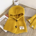 Detail of chunky knit balaclava hood and arm sleeves with buttons in vibrant yellow - Hooded Scarf and Sleeves Set (8 Buttons Solid Color Neck Hood Yellow) / Yellow