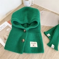 Detail of green knit hooded scarf with thick texture and wooden buttons on wooden table - Hooded Scarf and Sleeves Set (10 Buttons Solid Color Neck Hood Green) / Green