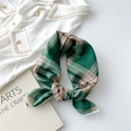 Green and khaki plaid cotton linen square scarf styled as a knotted fashion neckerchief - Green Plaid (5 Cotton Linen Vertical Horizontal Grid Green)