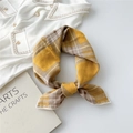 Yellow and brown checkered cotton linen square scarf tied in a bow with soft fabric texture - Yellow Plaid (6 Cotton Linen Vertical Horizontal Grid Yellow)