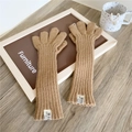 Detail of camel knitted long gloves featuring ribbed texture and stylish fabric label - Five-Finger Style / Camel