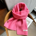 Solid bright pink 100% wool knitted winter scarf with premium leather brand label - Hot Pink