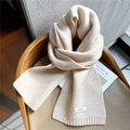 Minimalist beige 100% wool knitted scarf with ribbed edges for winter warmth - Beige