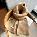 Chic camel brown 100% wool knitted scarf with warm ribbed texture for women - Khaki