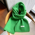 Knitted 100% wool scarf in vibrant green color with ribbed edges for winter warmth - Green