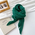 Elegant forest green pleated cotton linen scarf with fine accordion pleats for women - 90*90cm / Green